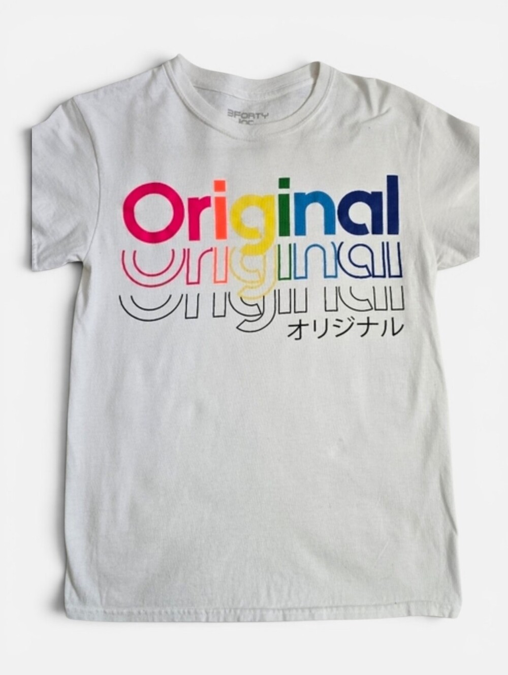 3Forty Inc Original Graphic T-Shirt White Rainbow Multicolor Retro Tee